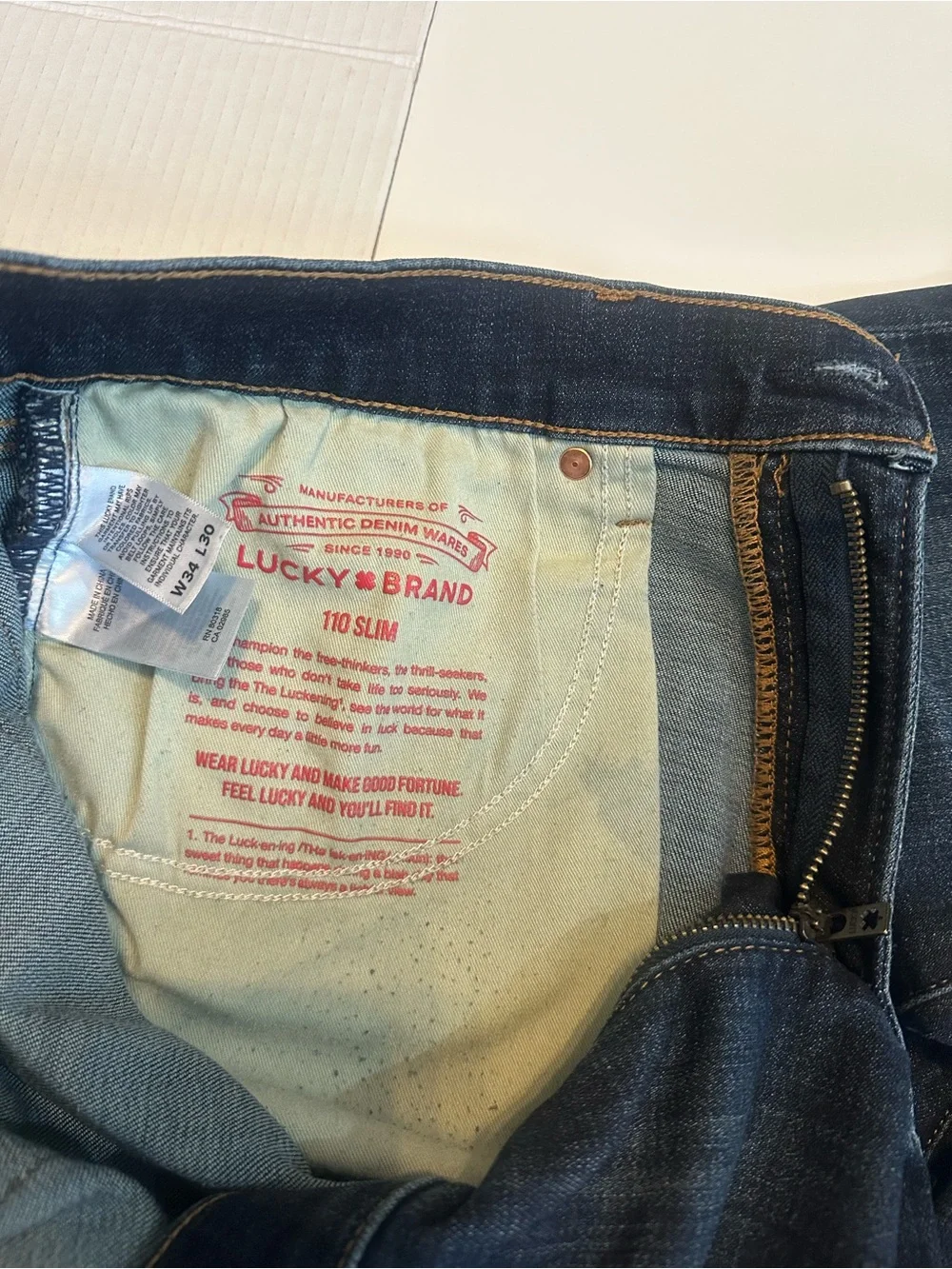 Lucky Brand 110 Slim Men’s Jeans 34x30 Dark Wash Blue Denim